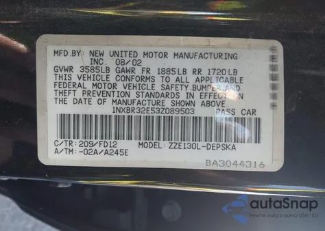 2003 Toyota Corolla S из США, поврежденный, VIN 1NXBR32E53Z089503